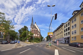 Street, Old Catholic Church of Peace, lantern, traffic lights, cars, vehicles, trees, blue sky,