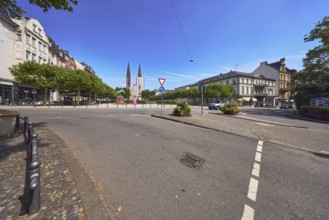 Pedestrian crossing, barrier bollard, traffic island, general architecture, St. Boniface Catholic