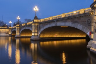 The Lombard Bridge on the Inner Alster and Outer Alster at Blue Hour with reflections in the water,