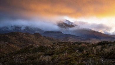 Volcanic landscape, Tama Lake Walk (Tama Lakes Track), Mt Ruapehu in clouds, evening light, sunset.