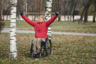A senior old man sits in a wheelchair in a park, using a resistance band for exercise
