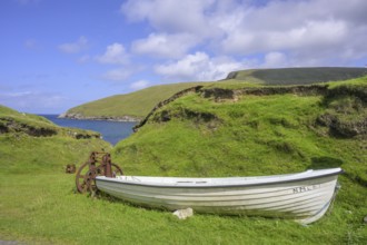 Old rowing boat and winch, Portacloy loop cliff walk, Muingnabo, County Mayo, Ireland