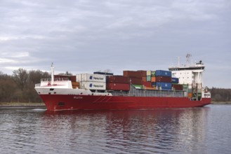 Container ship, RUTH sails in the evening in the Kiel Canal, NOK, Kiel Canal, Kiel Canal,