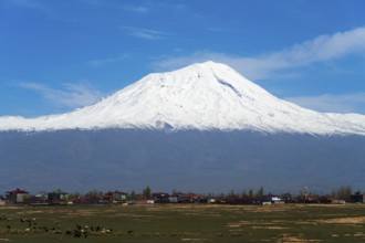 Schneeberg rises majestically behind a picturesque village with clear skies, Great Ararat, BÃ¼yÃ¼k