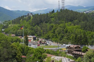 Panorama with mountains, forest, village, a flag and a road leading through the green landscape,