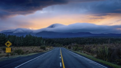 Mount Ngauruhoe in the morning at sunrise with glowing clouds, road SH 47. Tongariro National Park,