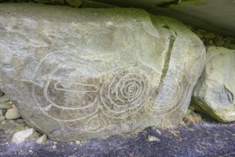 Decorated wall stone at the Knowth megalithic complex, Mellifont, County Meath, Ireland