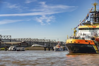 Coast Guard multipurpose vessel Neuwerk on the Elbe in front of Airbus in the Free Hanseatic City