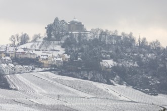 Burial chapel in WÃ¼rttemberg. Snowy vineyards in the Stuttgart region in winter. Winter view of