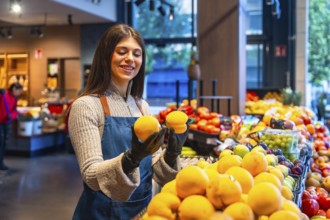 Produce worker wearing an apron and gloves arranging fresh oranges on a display, focusing on