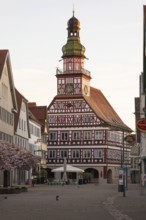 Kirchheim unter Teck, Baden-WÃ¼rttemberg, MarktstraÃŸe with historic half-timbered town hall at