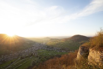 View of the Neidlinger Valley from Knaupenfels at sunset, Neidlingen, Baden-WÃ¼rttemberg, Swabian