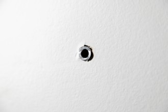 Single drill hole with dowel in a white wall