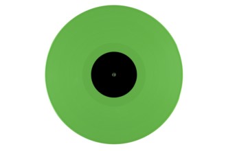 Green vinyl record with a black label in the middle on a white background