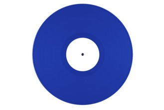 Blue vinyl record with a white label in the middle on a white background