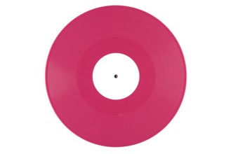 Pink vinyl record with a white label in the middle on a white background