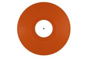 Orange vinyl record with a white label in the middle on a white background