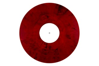 Red marbled vinyl record with a white label in the middle on a white background