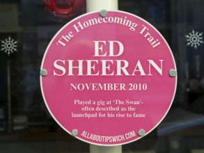 The Homecoming Trail plaque sign Ed Sheeran gig at The Swan pub in November 2010, Ipswich, Suffolk,