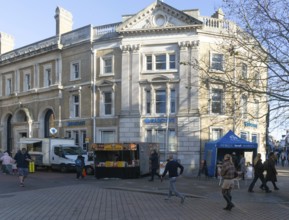 Barclays Bank building food stalls Princes street pedestrianised area, town centre of Ipswich,