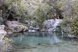 Clear pond surrounded by green vegetation with small waterfalls and rocks, El Kelaa river in
