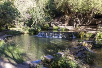 Gentle waterfall on a river surrounded by trees, playing with light and shadow, El Kelaa torrent in