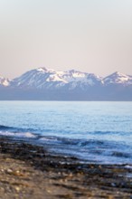 Anchor Point beach on Cook Inlet in the evening light, snowy mountain peaks of the Kenai Peninsula,