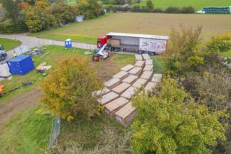 A forklift truck moves boxes next to a truck in a green autumn landscape, Bau PV Freifaechenanlage,