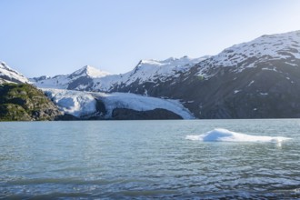 Snowy mountains and glaciers Portage Glacier on Portage Lake glacial lake, Chugach National Forest,
