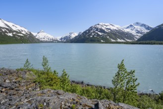 View of mountains with Portage Glacier glacier and turquoise glacial lake Portage Lake, Chugach