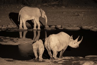 Night photograph, black rhino (Diceros bicornis) with young, Okaukuejo waterhole, Etosha National