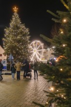 Festive scene with illuminated Christmas tree and Ferris wheel surrounded by people at night,