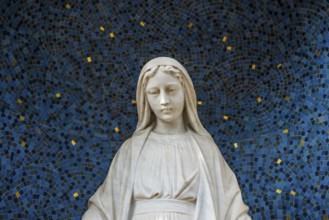 Marble Madonna in front of a blue mosaic, Wissembourg, Weissenburg, Alsace, Bas-Rhin department,