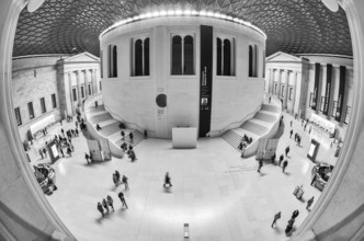 Extreme wide angle view, fisheye, black and white photo of the Great Court of the British Museum in