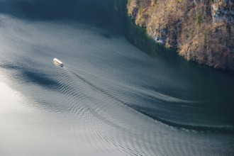 Excursion boat at KÃ¶nigssee from above, SchÃ¶nau am KÃ¶nigssee, Berchtesgadener Land, Upper