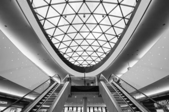Modern architecture, black and white photography, interior view of the Sihlcity shopping center in