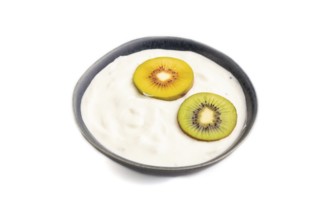 Yogurt, with kiwi in blue bowl isolated on white background, side view, close up, minimalism