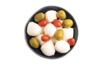 White Mozzarella cheese, with tomatoes and olives in blue bowl Isolated on white background, top