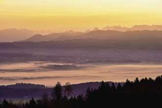 View from Horben of the Reuss Valley covered in fog, behind it the Glarus Alps in the light of the