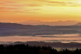 View from Horben of the Reuss Valley covered in fog, behind it the Alpstein with the SÃ¤ntis in the