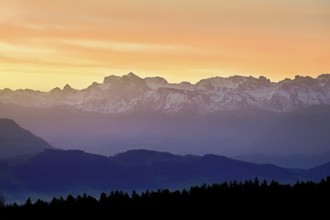 Snow-covered Central Switzerland Alps in the light of dawn, Horben, Beinwil-Freiamt, Canton,