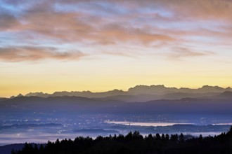 View from Horben of Lake Zug with the town of Cham and Zug, behind it the snow-capped mountains