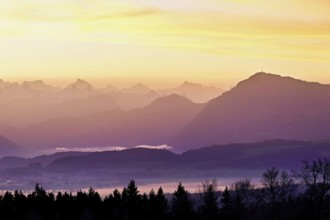 View from Horben of the midlands lying in fog, behind it the Alps with the Rigi, Beinwil-Freiamt,