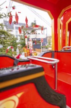 Interior of a red toy car decorated for the Christmas market, Sindelfingen, Böblingen district,