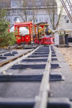 A toy train on rails in a Christmas setting with festive colors, Sindelfingen, Böblingen district,
