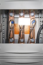 Open control box with visible copper lines and wiring, electrician, new building, Germany