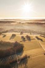 The landscape is bathed in golden light, with distant views of fields and forests, Gechingen,