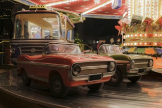 Children's carousel, classic fair ride at a Christmas market, with classic car models, classic