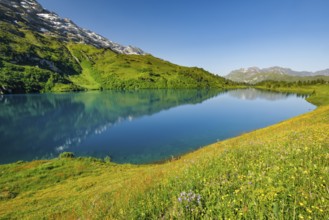 Engstlensee near Engstlenalp with Rothorn and Glogghues in the background, Canton of Bern,