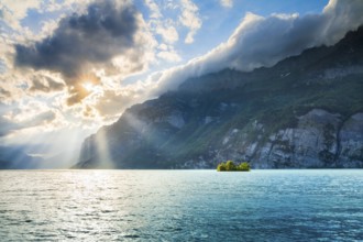 Evening sunshine on Lake Walensee with chive island near Mols, in turquoise water and SchÃ¤ren